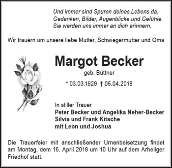 Traueranzeige von Margot Becker von Trauerportal Rhein Main Presse