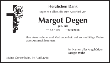 Traueranzeige von Margot Degen von Trauerportal Rhein Main Presse