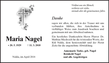 Traueranzeige von Maria Nagel von  Kreisanzeiger