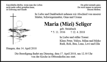 Traueranzeige von Maria Seliger von  Gießener Anzeiger