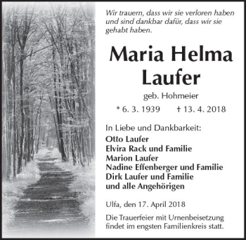 Traueranzeige von Maria Helma Laufer von  Kreisanzeiger