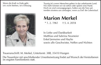 Traueranzeige von Marion Merkel von  Gießener Anzeiger