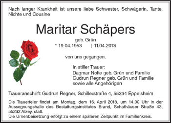 Traueranzeige von Maritar Schäpers von Trauerportal Rhein Main Presse