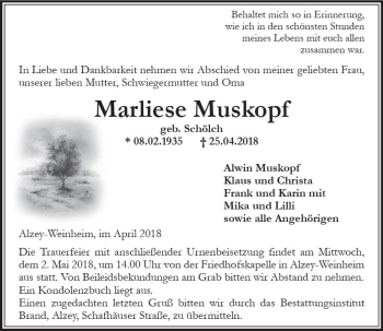 Traueranzeige von Marliese Muskopf von Trauerportal Rhein Main Presse