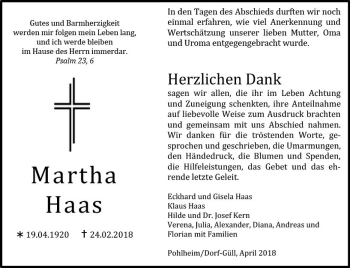 Traueranzeige von Martha Haas von  Gießener Anzeiger