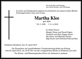 Traueranzeige von Martha Klee von  Gießener Anzeiger