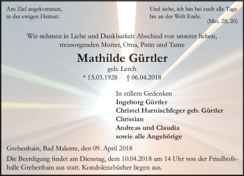 Traueranzeige von Mathilde Gürtler von VRM Trauer