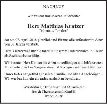 Traueranzeige von Matthias Kratzer von  Gießener Anzeiger