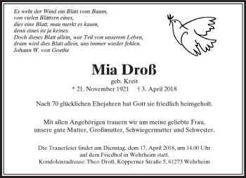 Traueranzeige von Mia Droß von  Usinger Anzeiger
