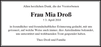 Traueranzeige von Mia Droß von  Usinger Anzeiger