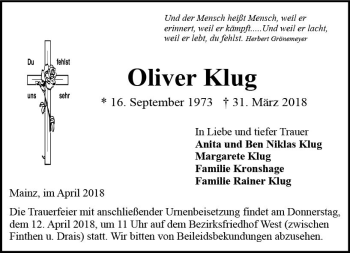 Traueranzeige von Oliver Klug von Trauerportal Rhein Main Presse