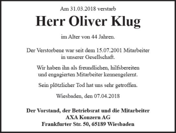 Traueranzeige von Oliver Klug von Trauerportal Rhein Main Presse