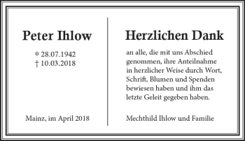 Traueranzeige von Peter Ihlow von Trauerportal Rhein Main Presse