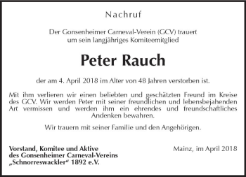 Traueranzeige von Peter Rauch von Trauerportal Rhein Main Presse