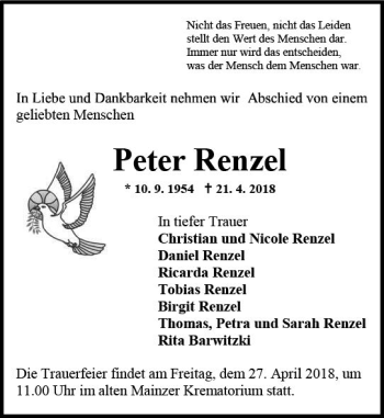 Traueranzeige von Peter Renzel von Trauerportal Rhein Main Presse