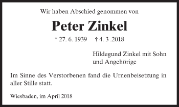 Traueranzeige von Peter Zinkel von Trauerportal Rhein Main Presse