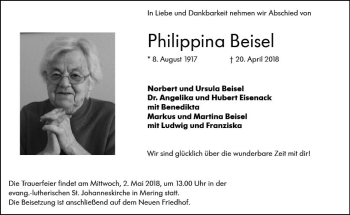 Traueranzeige von Philippina Beisel von Trauerportal Rhein Main Presse