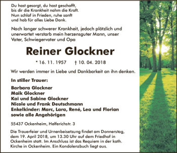 Traueranzeige von Reiner Glockner von Trauerportal Rhein Main Presse