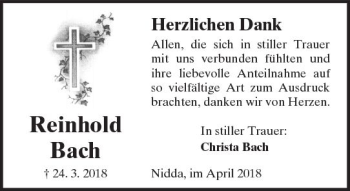 Traueranzeige von Reinhold Bach von  Kreisanzeiger