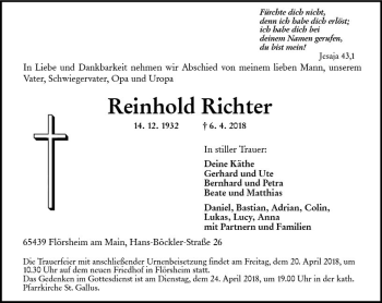 Traueranzeige von Reinhold Richter von Trauerportal Rhein Main Presse