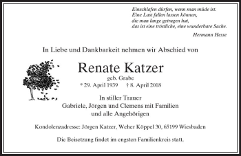 Traueranzeige von Renate Katzer von  Usinger Anzeiger