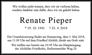 Traueranzeige von Renate Pieper von VRM Trauer