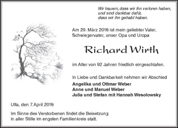 Traueranzeige von Richard Wirth von  Kreisanzeiger