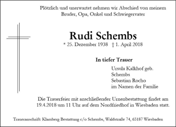 Traueranzeige von Rudi Schembs von Trauerportal Rhein Main Presse