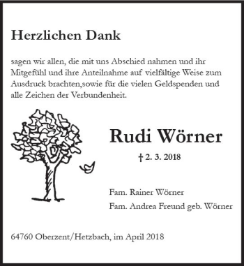 Traueranzeige von Rudi Wörner von Trauerportal Rhein Main Presse