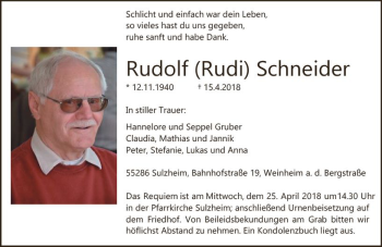 Traueranzeige von Rudolf Schneider von Trauerportal Rhein Main Presse