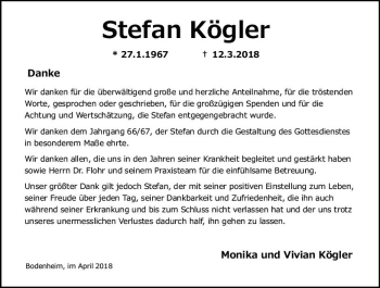 Traueranzeige von Stefan Kögler von Trauerportal Rhein Main Presse
