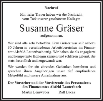 Traueranzeige von Susanne Gräser von VRM Trauer