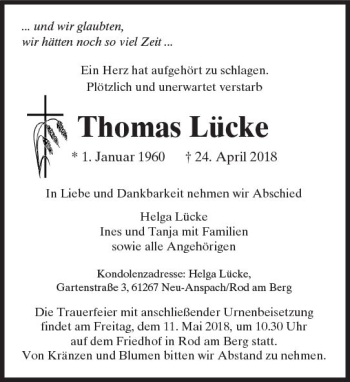 Traueranzeige von Thomas Lücke von  Usinger Anzeiger