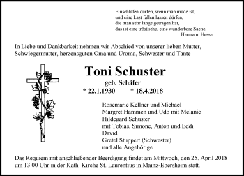 Traueranzeige von Toni Schuster von Trauerportal Rhein Main Presse