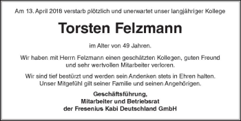 Traueranzeige von Torsten Felzmann von  Kreisanzeiger