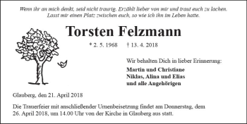 Traueranzeige von Torsten Felzmann von  Kreisanzeiger