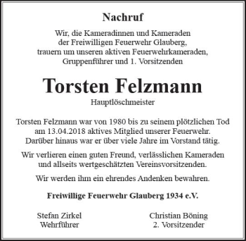 Traueranzeige von Torsten Felzmann von  Kreisanzeiger
