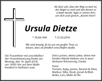 Traueranzeige von Ursula Dietze von Trauerportal Rhein Main Presse