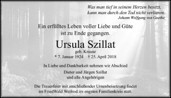 Traueranzeige von Ursula Szillat von  Usinger Anzeiger