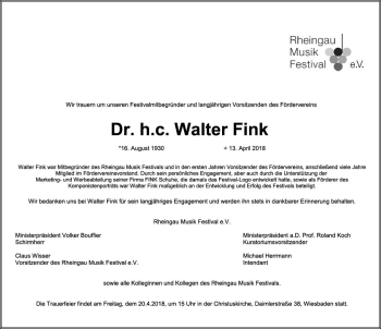 Traueranzeige von Walter Fink von Trauerportal Rhein Main Presse