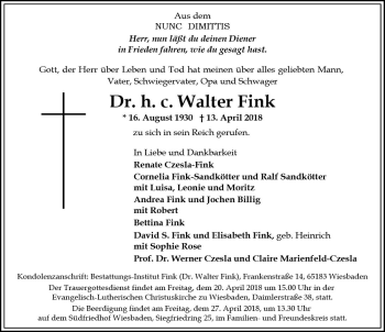 Traueranzeige von Walter Fink von Trauerportal Rhein Main Presse