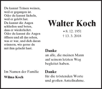 Traueranzeige von Walter Koch von  Kreisanzeiger