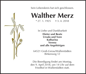Traueranzeige von Walther Merz von Trauerportal Rhein Main Presse