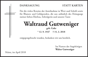 Traueranzeige von Waltraud Gutweniger von Trauerportal Rhein Main Presse
