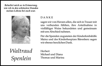 Traueranzeige von Waltraud Spenlein von Trauerportal Rhein Main Presse