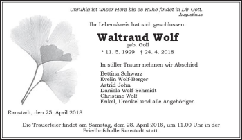 Traueranzeige von Waltraud Wolf von  Kreisanzeiger