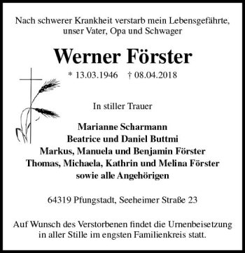 Traueranzeige von Werner Förster von Trauerportal Rhein Main Presse