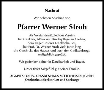 Traueranzeige von Werner Stroh von  Gießener Anzeiger