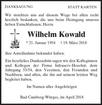 Traueranzeige von Wilhelm Kowald von  Camberger Anzeiger