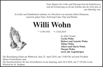 Traueranzeige von Willi Wohn von Trauerportal Rhein Main Presse